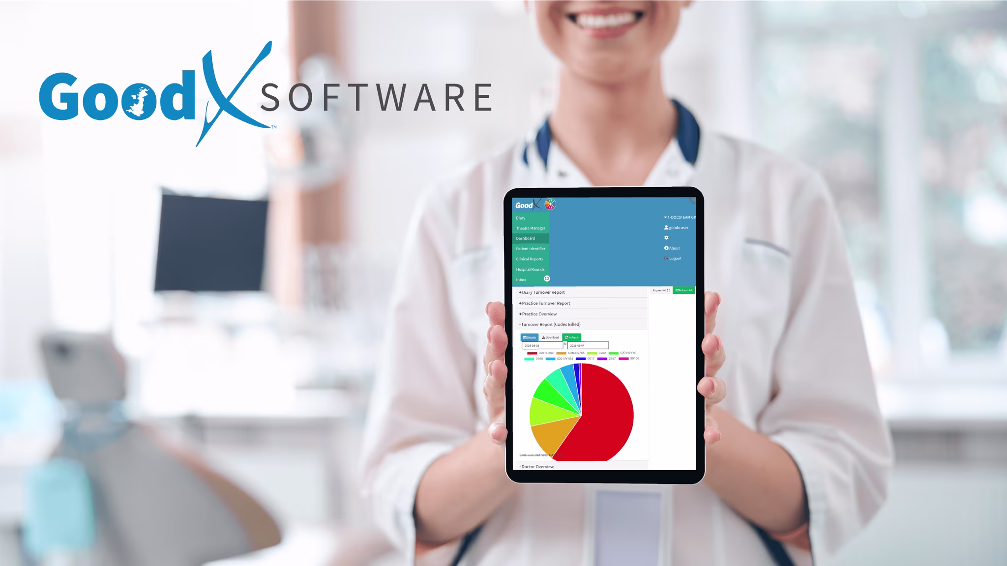 A modern UK dental clinic with a dentist using a tablet showing a practice management dashboard