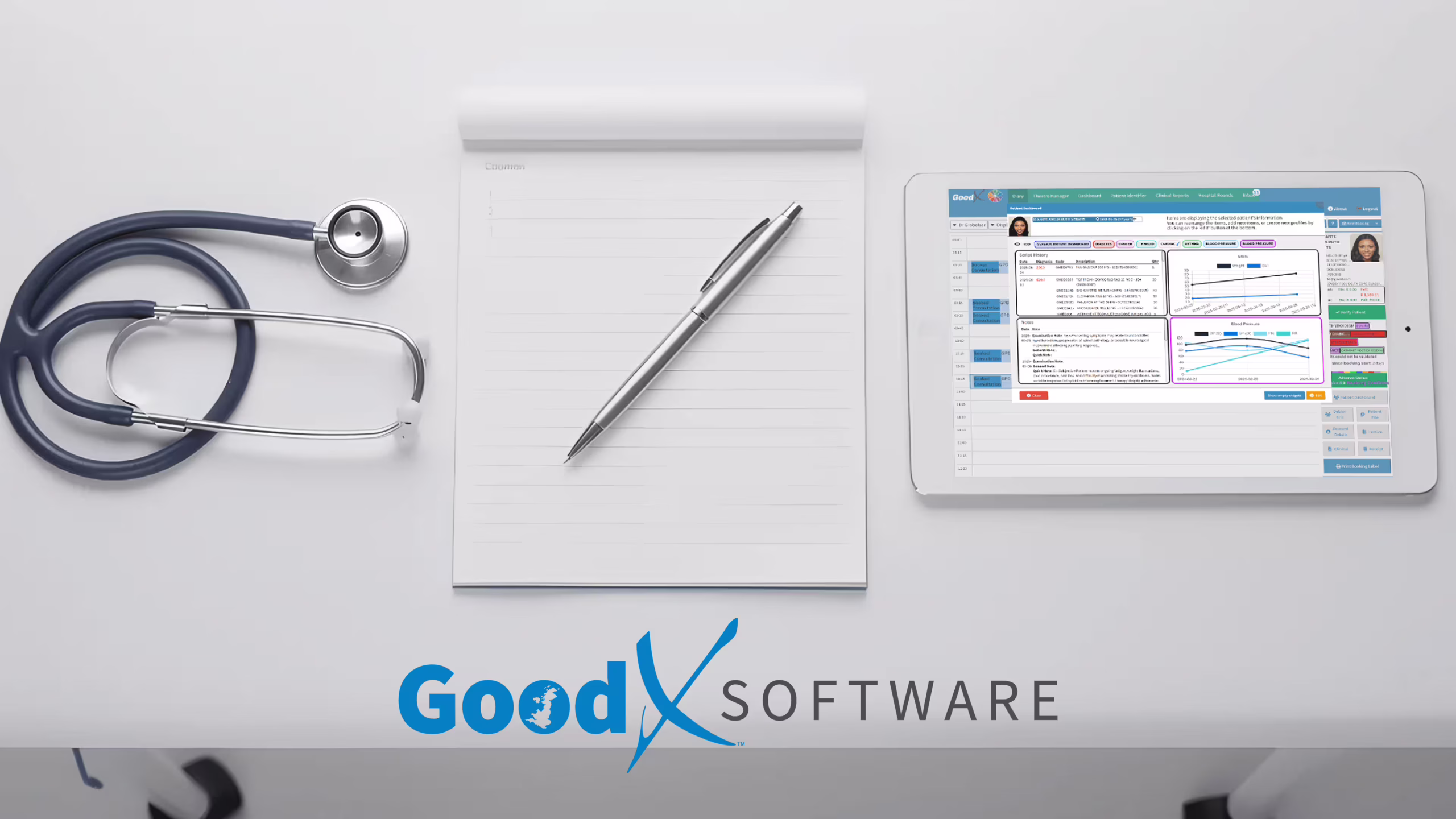 Flat-lay of UK healthcare tools with a tablet displaying GoodX digital medical records