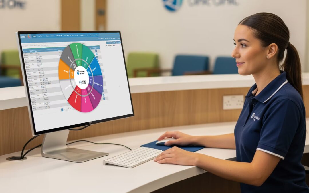 Receptionist in UK clinic using practice management software on screen