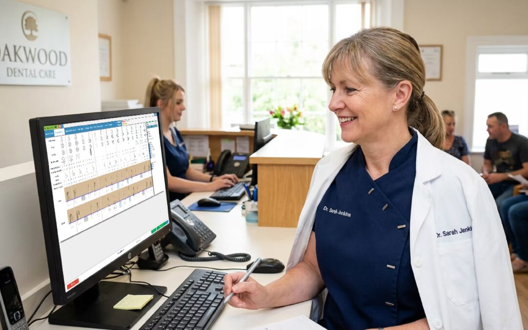 UK dentist checking dental practice management software on screen