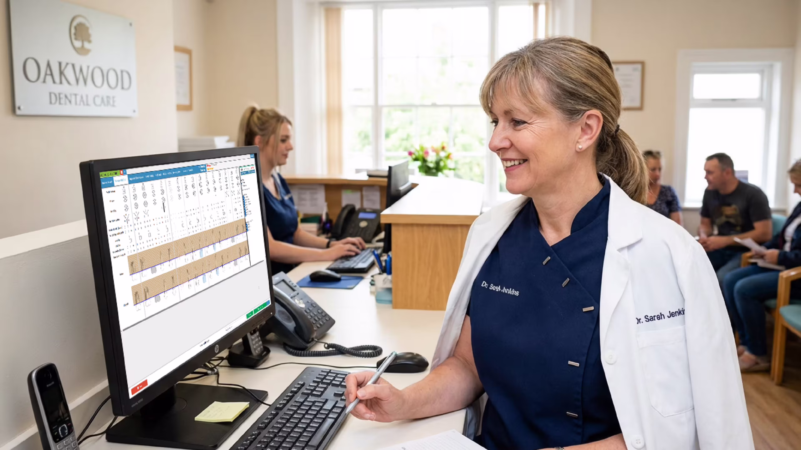 UK dentist checking dental practice management software on screen