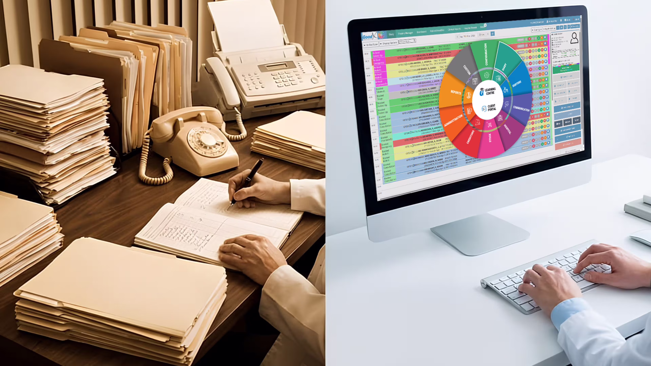 Comparison of outdated paperwork and modern medical clinic software system in UK clinic