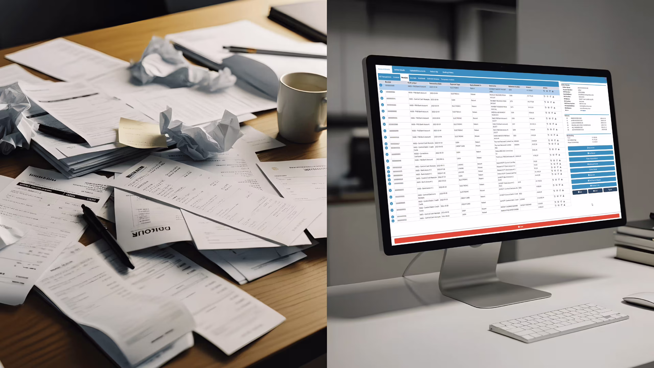 Split-screen showing messy paper invoices on one side and a clean digital billing dashboard on the other Before and after using medical billing software, paper vs digital