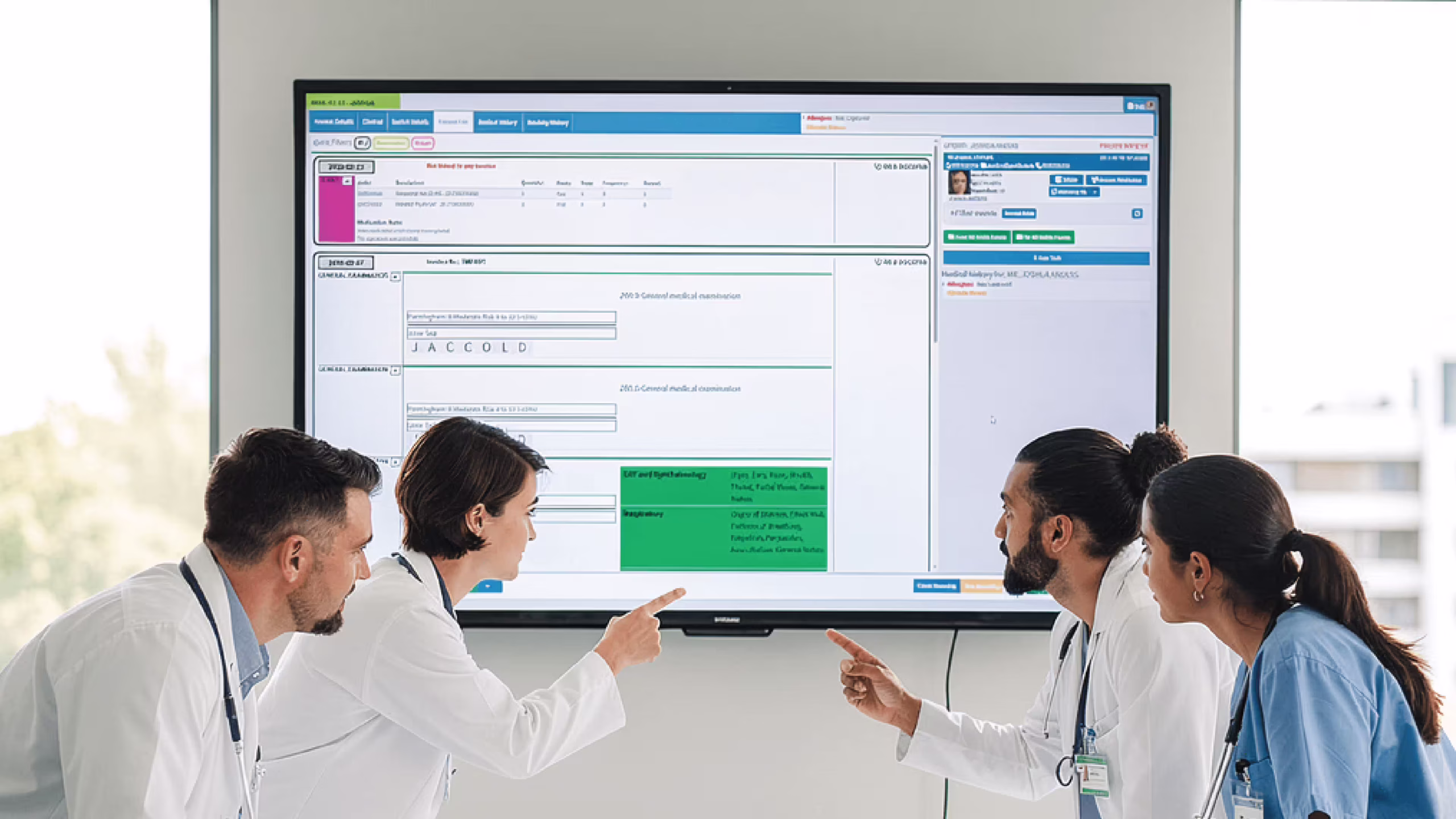 UK healthcare team reviewing EMR data on a large screen UK healthcare professionals collaborating over electronic medical records on a digital screen