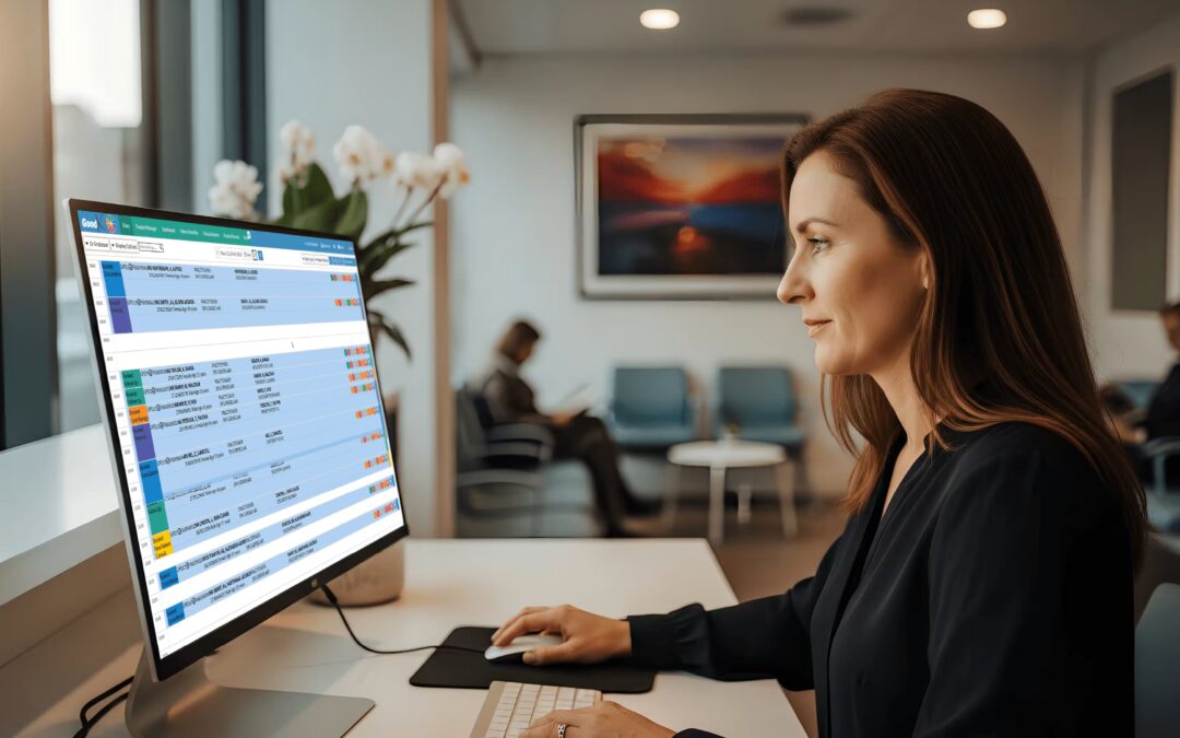 UK healthcare administrator using the best scheduling software for healthcare at clinic reception desk