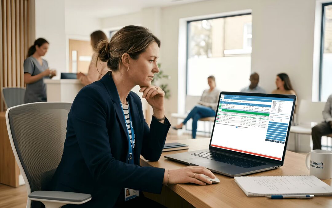 UK clinic manager using software for clinic management to review scheduling and billing dashboard