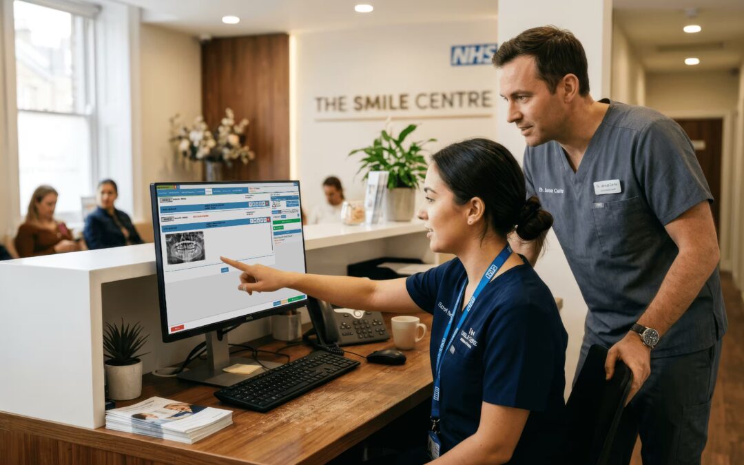 Dental practice receptionist and dentist using a dental practice management system at a UK dental clinic