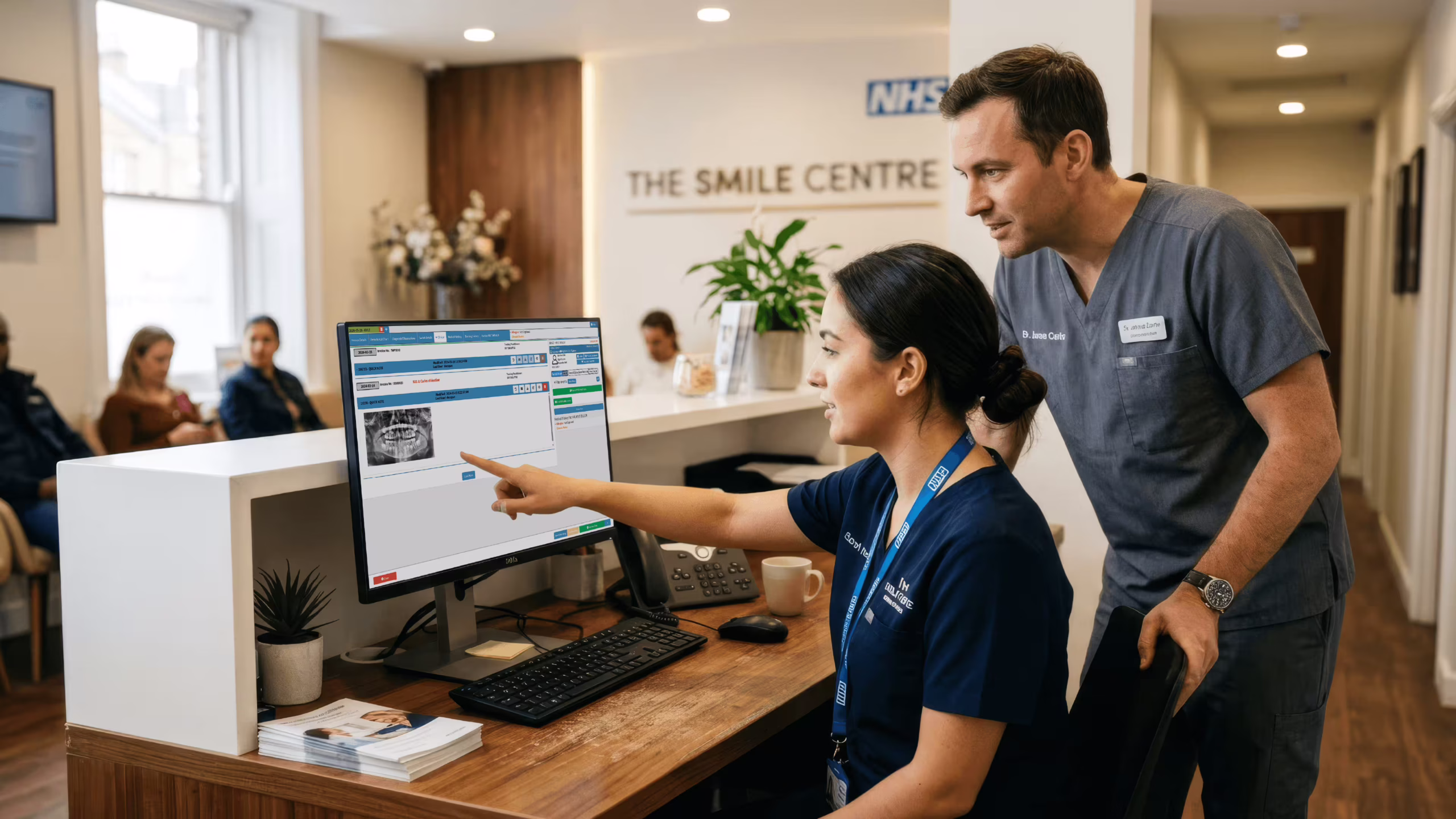 Dental practice receptionist and dentist using a dental practice management system at a UK dental clinic