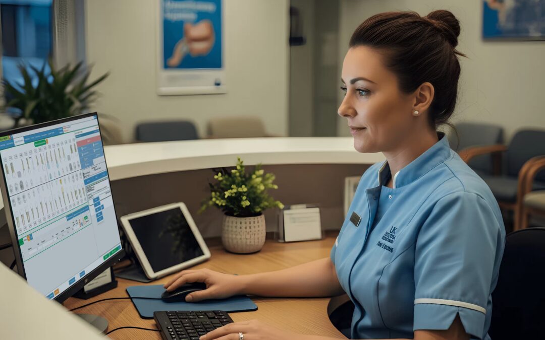 UK dental receptionist reviewing dental softwares on a computer at a dental practice front desk with patient scheduling visible