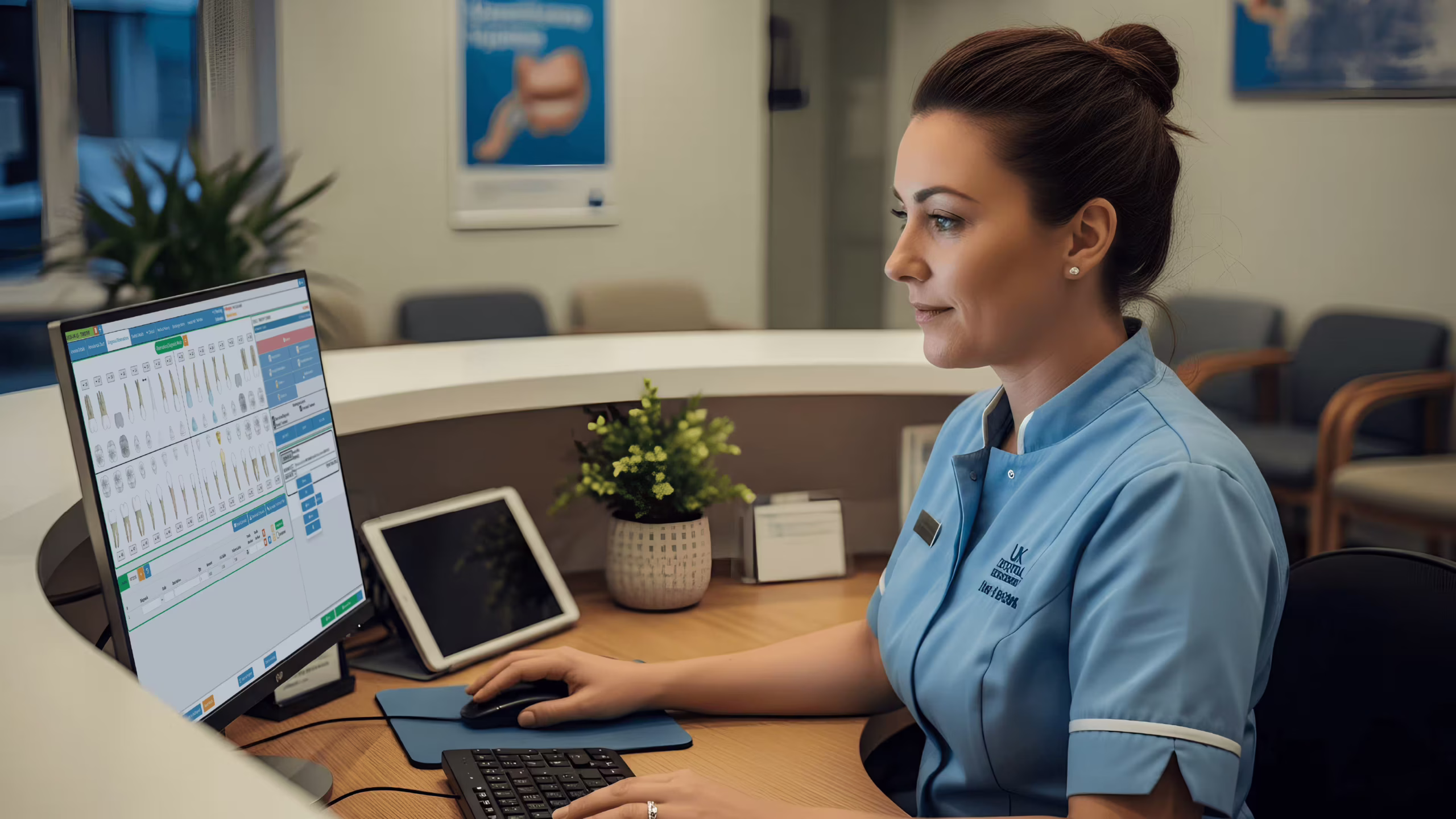 UK dental receptionist reviewing dental softwares on a computer at a dental practice front desk with patient scheduling visible