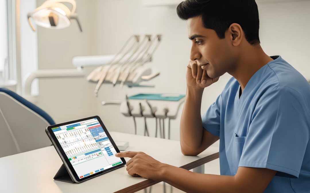 UK dentist reviewing dentists software on a tablet in a dental surgery with patient treatment notes and scheduling tools visible