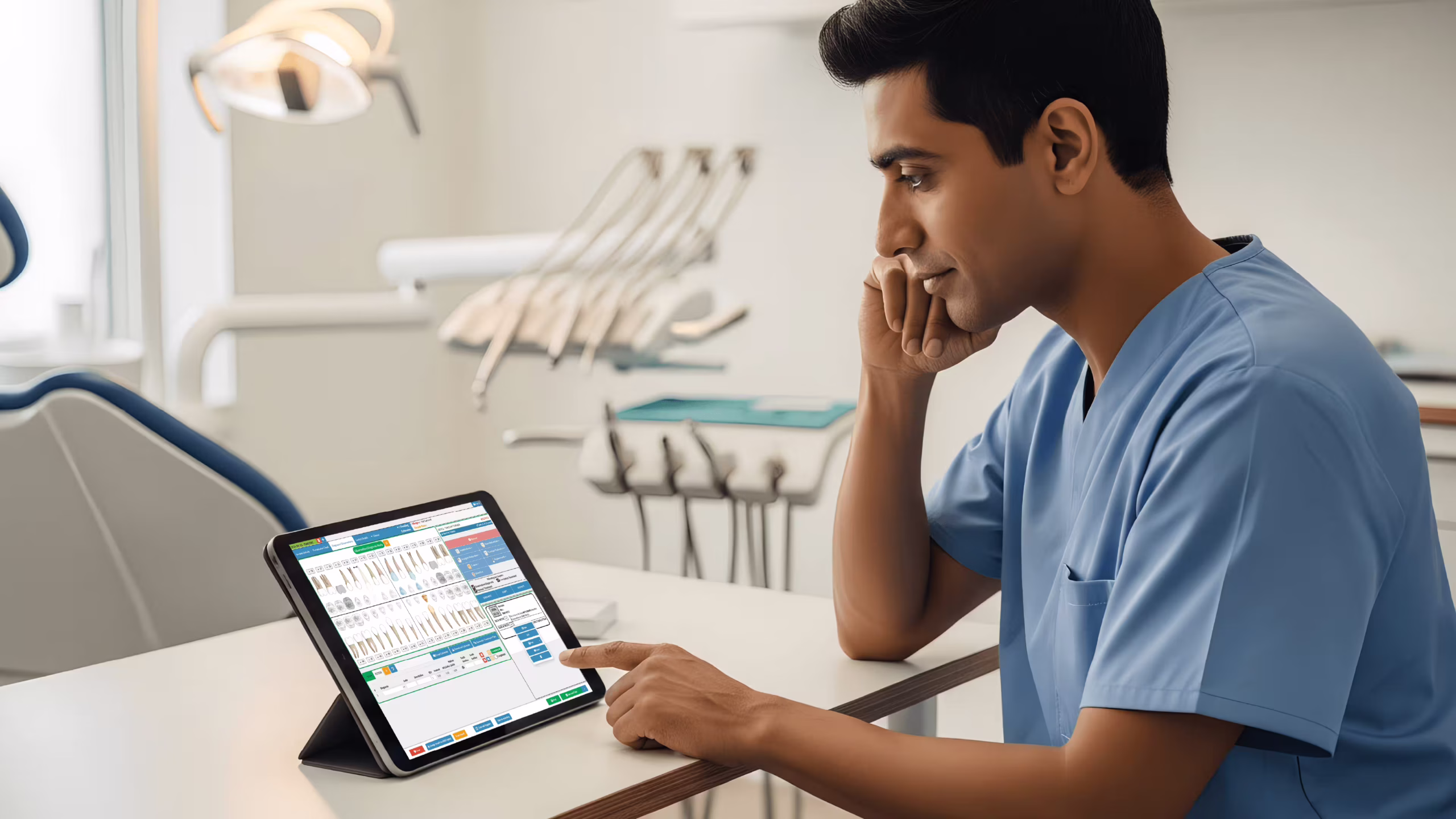 UK dentist reviewing dentists software on a tablet in a dental surgery with patient treatment notes and scheduling tools visible