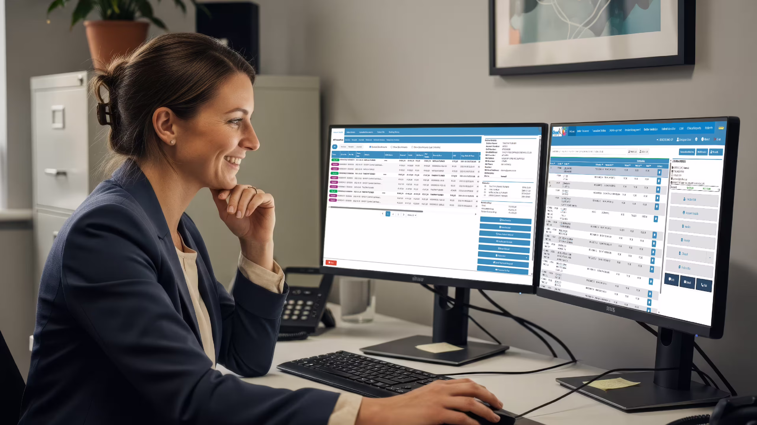 UK medical billing administrator reviewing coding programs on a computer in a private clinic billing office