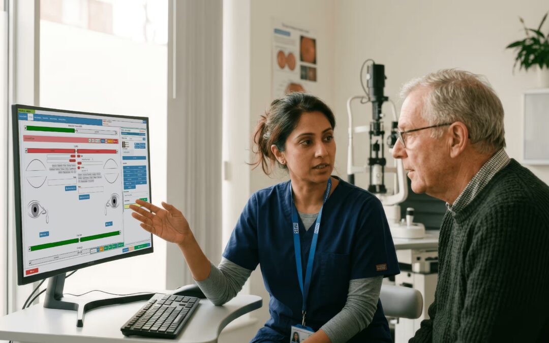 Ophthalmologist using ophthalmology practice software at a clinical workstation in a UK eye clinic