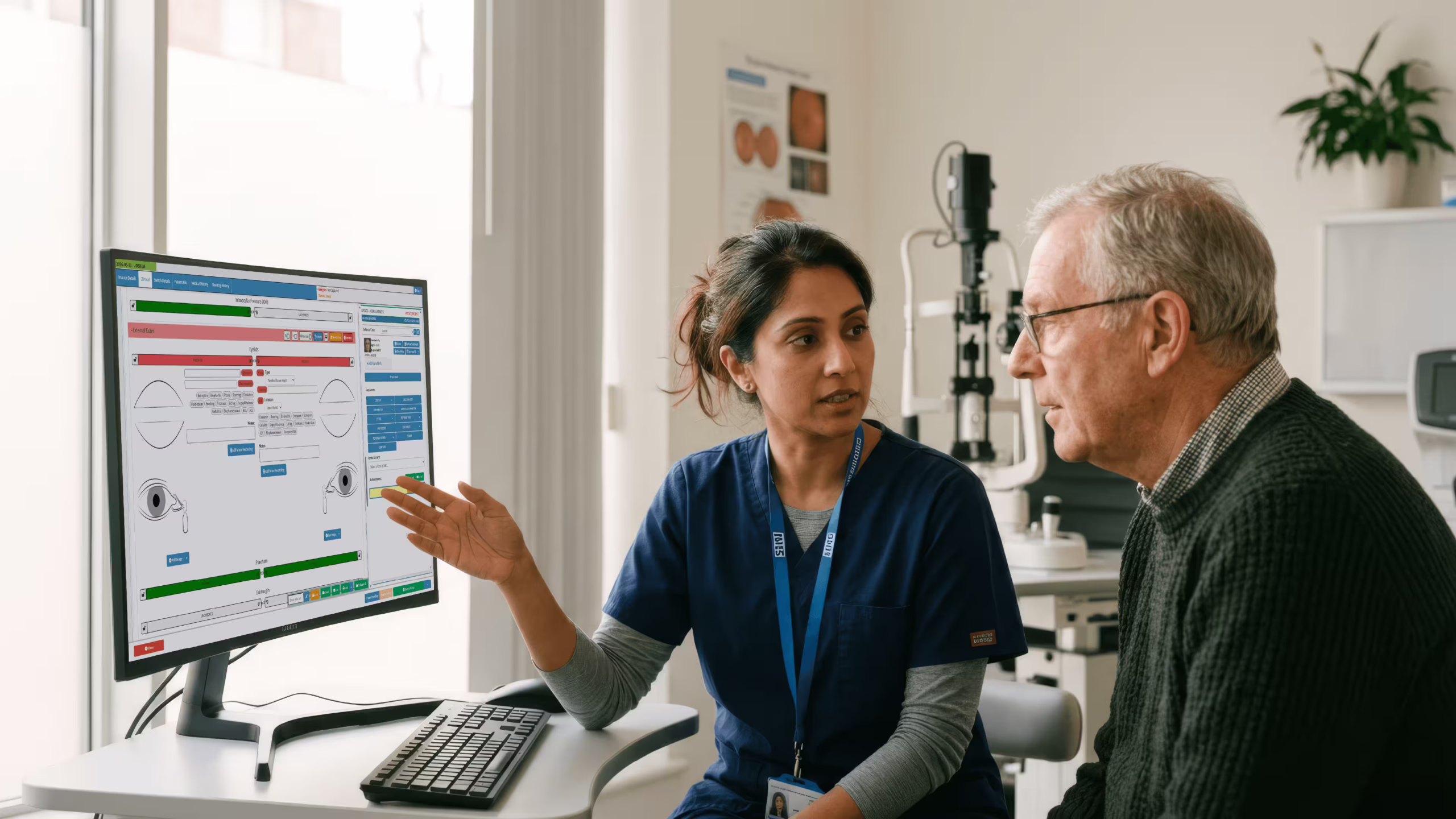 ophthalmology-practice-software-uk Ophthalmologist using ophthalmology practice software at a clinical workstation in a UK eye clinic