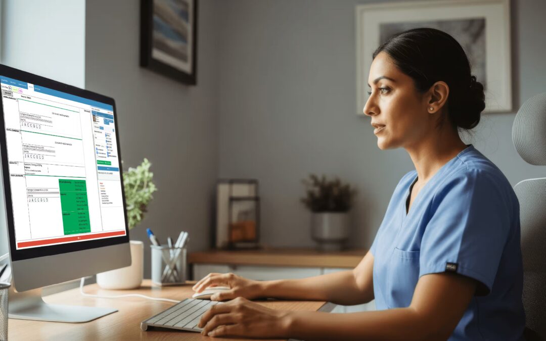 Clinician using EMR software on a desktop in a UK medical practice