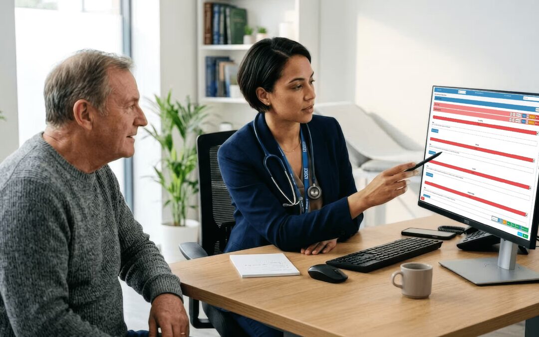 UK GP using AI in healthcare tools on screen during a consultation at a surgery
