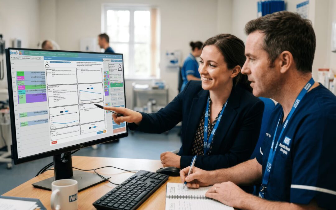 UK clinicians using electronic health record systems on screen at a GP surgery