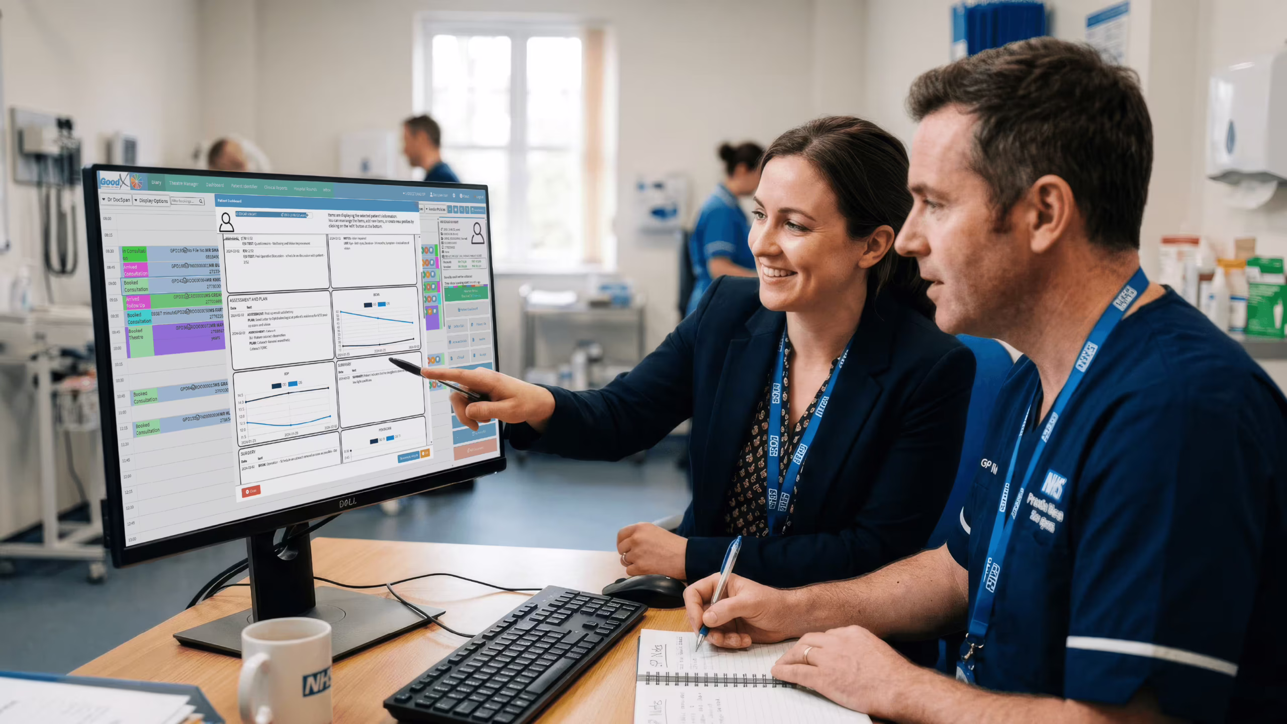 UK clinicians using electronic health record systems on screen at a GP surgery